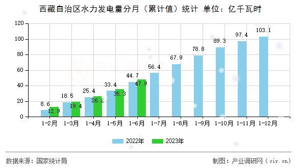 西藏自治區(qū)水力發(fā)電量分月（累計(jì)值）統(tǒng)計(jì)